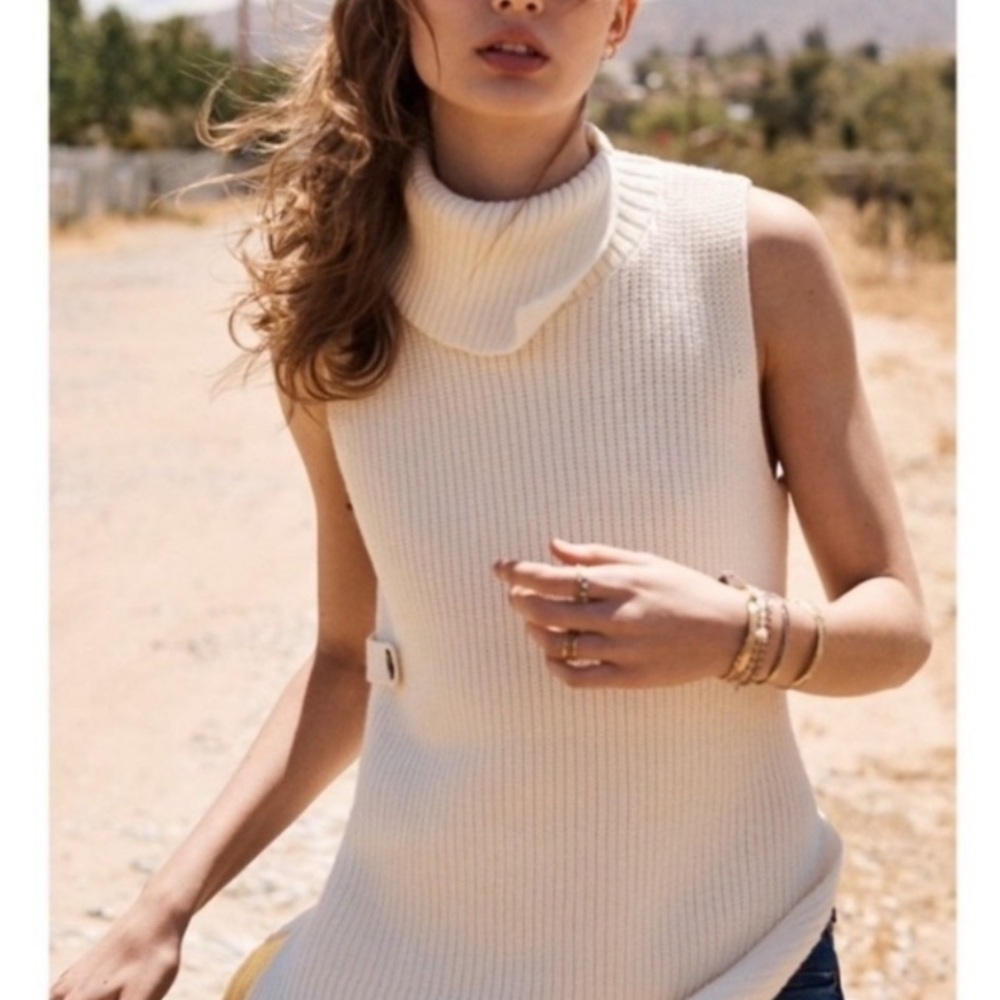 Anthropologie Alexa Sleeveless Split Mock Neck Button Sides Cream Tunic Sz M - Picture 3 of 12